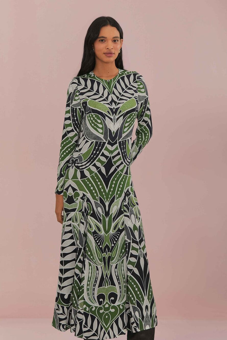 Farm Rio Lace Nature Long Sleeve Full Zip A-Line Midi Dress Leaf Green Women's M